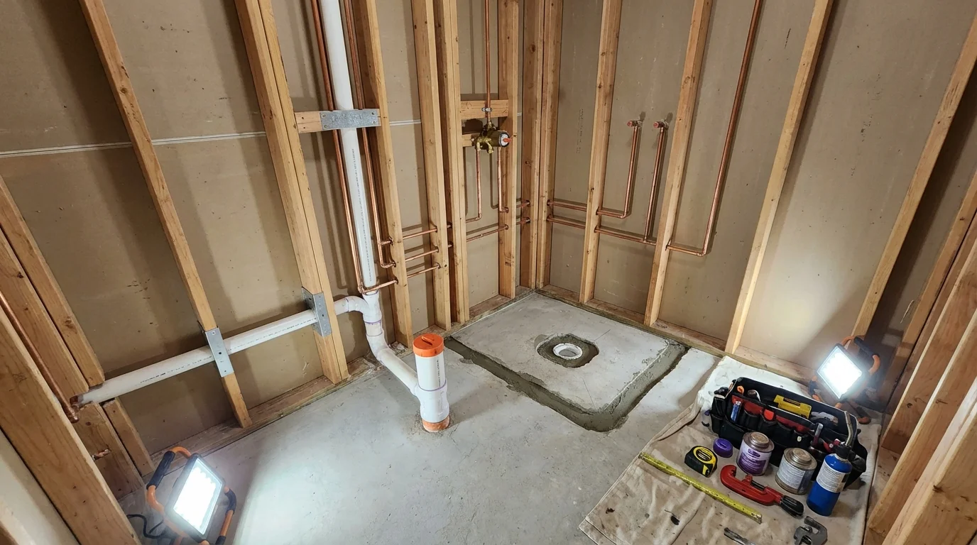 Bathroom rough-in plumbing during remodel by Johns Plumbing LLC in Tremont