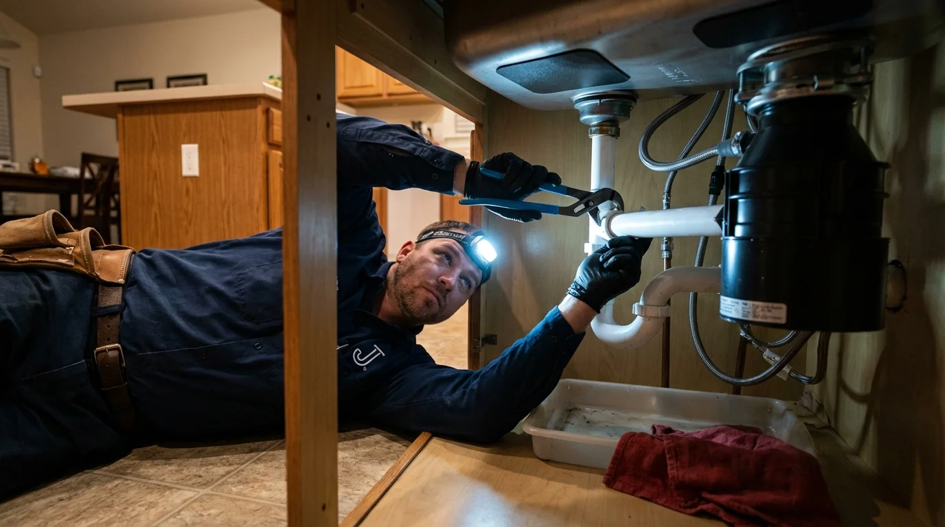 P-trap and supply line connections under a kitchen sink showing a common leak point in Tremont, PA